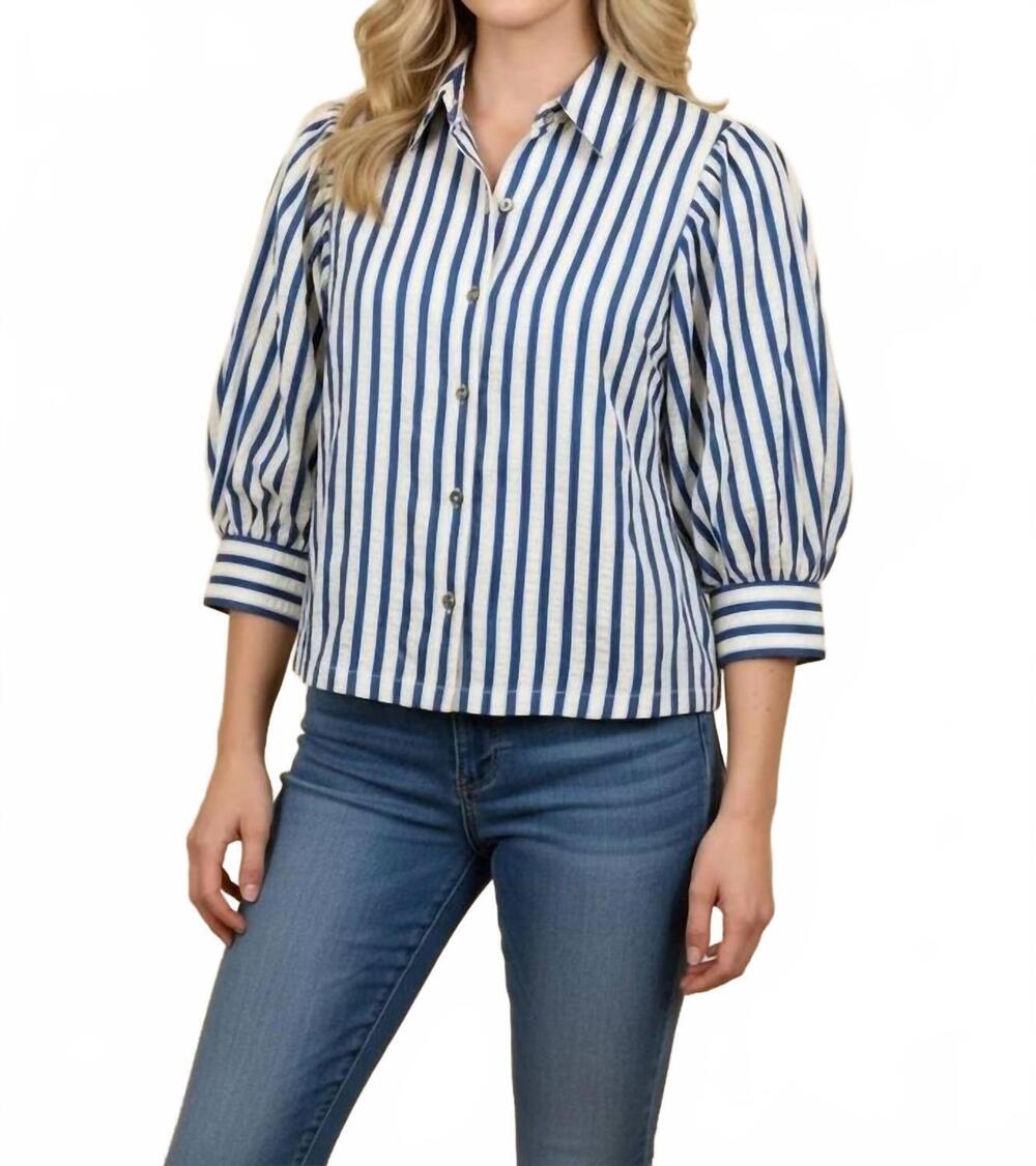NEW HEIMISH USA puff short sleeve striped blouse in blue